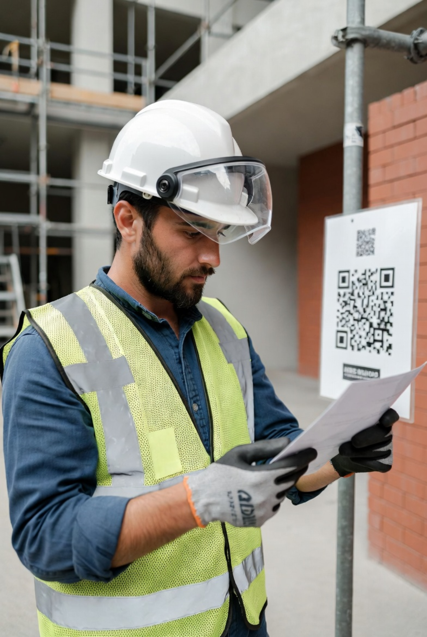 Worker checking QR-linked records on site