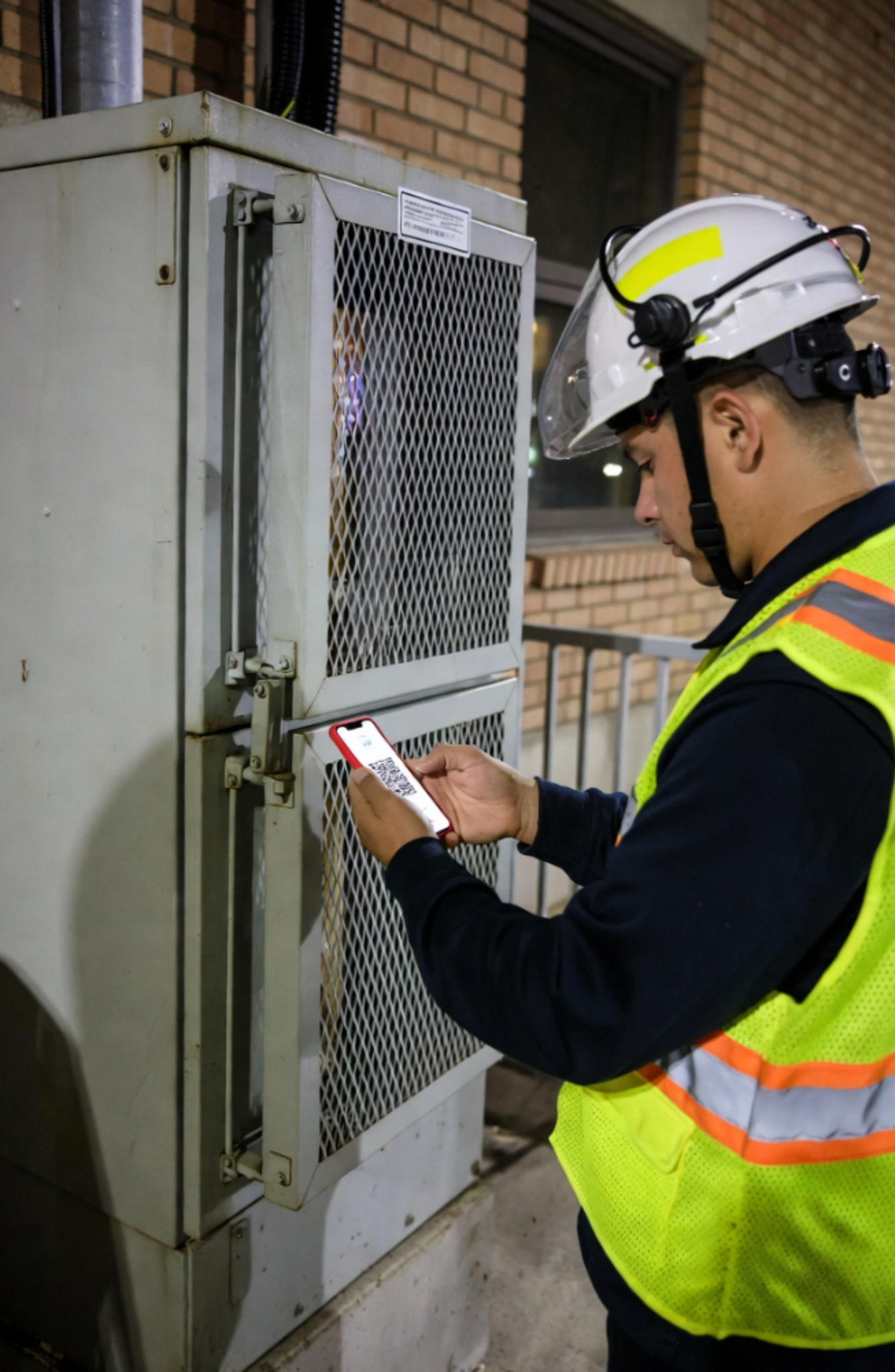 Technician scanning a QR code on equipment